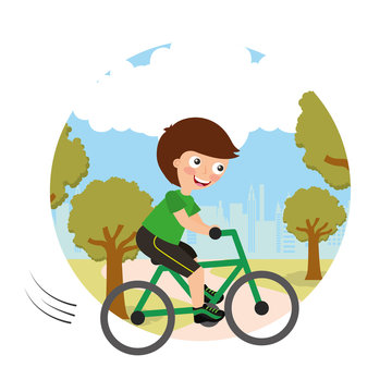 young boy riding on bike sport activity in landscape background vector illustration