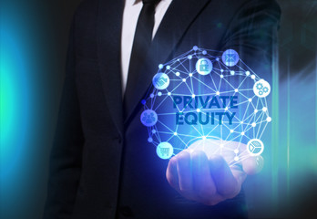 Business, Technology, Internet and network concept. Young businessman working on a virtual screen of the future and sees the inscription: Private equity