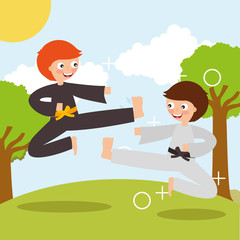 little boy training karate martial art sport in landscape vector illustration