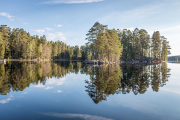 Fototapeta na wymiar Trees on island in a beautiful Scandinavian lake in summer 