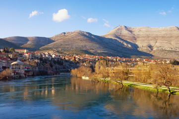Beautiful view of Trebisnjica river and Trebinje city  on sunny  day. Bosnia and Herzegovina