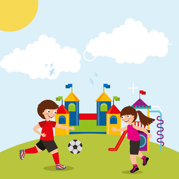 sport kids activity - boy and girl playing football soccer in playground field vector illustration