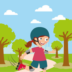 girl riding roller skating sport kids activity in landscape vector illustration