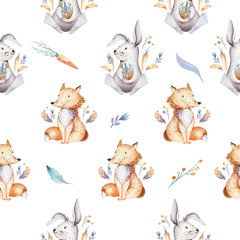 Baby animals nursery isolated seamless pattern with bannies. Watercolor boho cute baby fox, deer animal woodland rabbit and bear isolated illustration for children. Bunny forest image