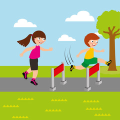 Obraz na płótnie Canvas sport kids activity boy and girl competition race obstacles vector illustration