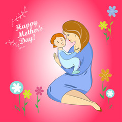 Mothers Day Vector, Mother and Baby Greeting Card. Color Illustrations Art  Design  on a  square background