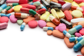 Pharmacy theme. Multicolored Isolated Pills and Capsules.