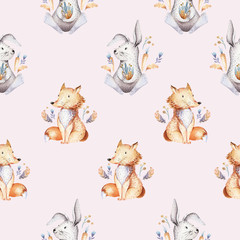 Baby dieren kwekerij geïsoleerd naadloos patroon met bannies. Aquarel boho schattige baby vos, herten dier bos konijn en beer geïsoleerde illustratie voor kinderen. Afbeelding konijnenbos