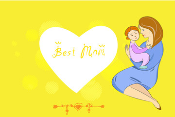Mothers Day Vector, Mother and Baby. Color Illustrations Art  Design Greeting Card on a horizontal background