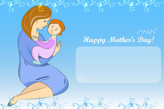 Mothers Day Vector, Mother and Baby. Color Illustrations Art  Design Greeting Card on a horizontal background