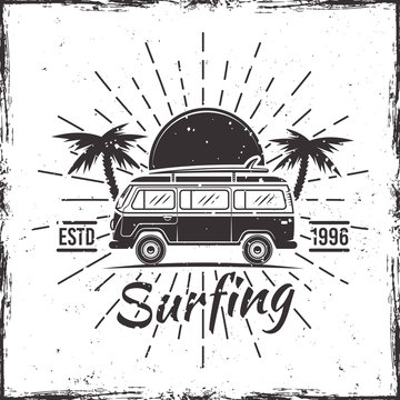 Surfing bus with palms black vectorvintage emblem