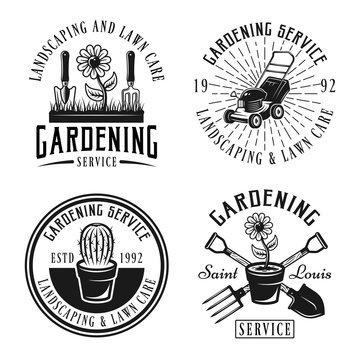 Gardening service vector emblems, badges, labels