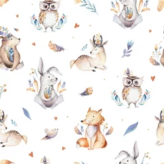 Wall murals Rabbit Baby animals nursery isolated seamless pattern with bannies. Watercolor boho cute baby fox, deer animal woodland rabbit and bear isolated illustration for children. Bunny forest image