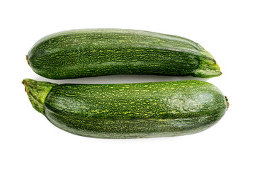 Two fresh whole zucchini isolated on white background. Top view