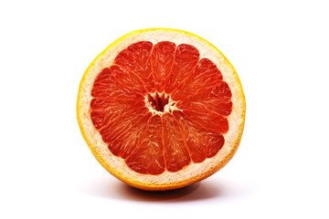 Fresh red grapefruit and grapefruit slices isolated on white bakground.Top view. Copy space. Healthy food, diet concept.