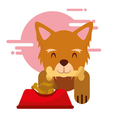 cute dog with bone in mouth bowl food vector illustration