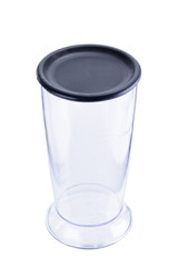 Cup with black plastic lid for hand blender on the white background