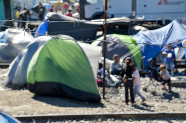 Idomeni, Greece, April 15, 2016 -  Hundreds of tents in a transit camp for refugees and migrants at...