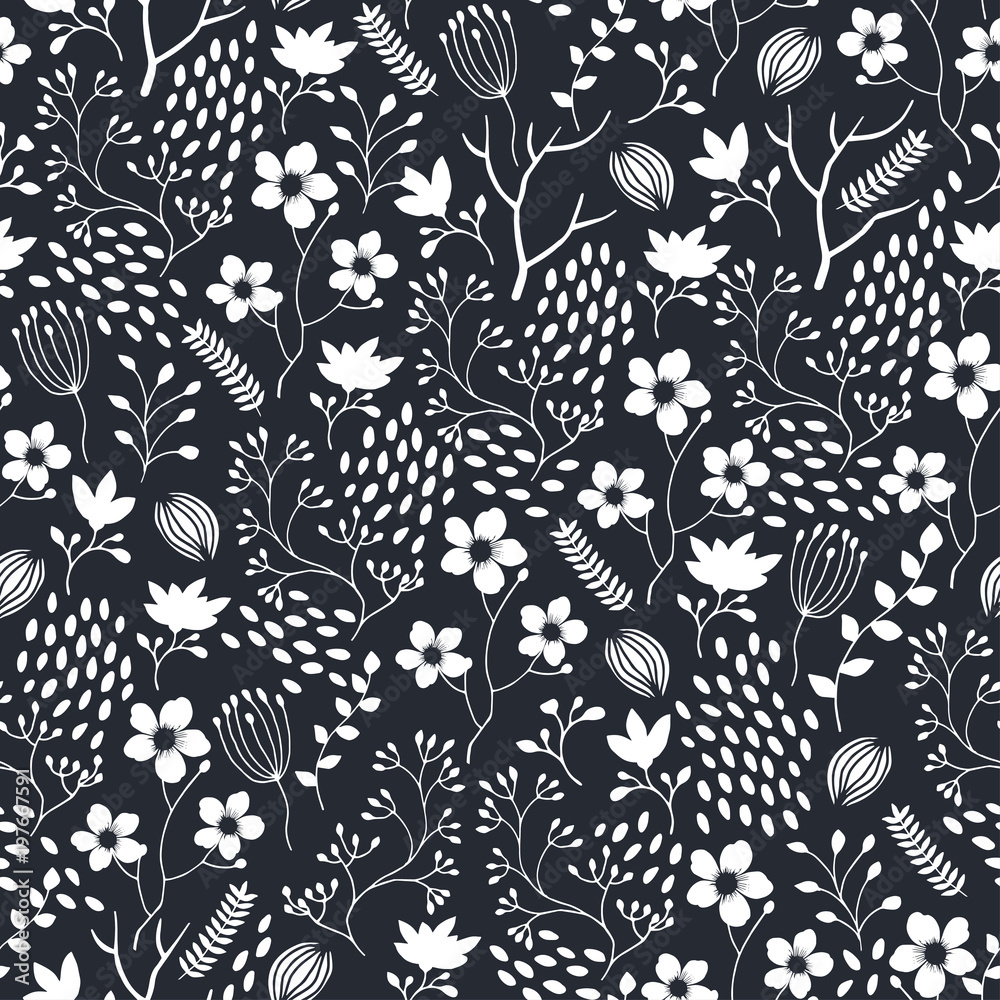 Poster seamless floral pattern with white flowers and garden elements. beautiful seamless pattern for texti
