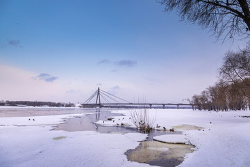Moscow bridge in Kiev over the Dnieper in winter