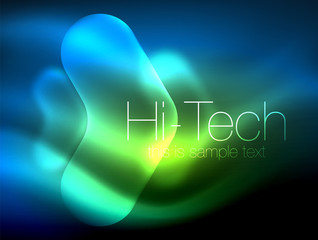 Blurred arrows in dark space. Neon pointers, glass glossy design, abstract shiny techno background, web banner