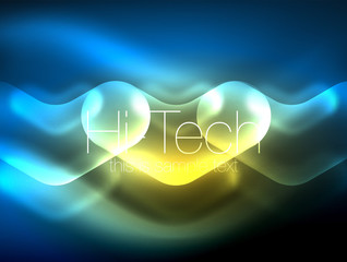 Blurred arrows in dark space. Neon pointers, glass glossy design, abstract shiny techno background, web banner