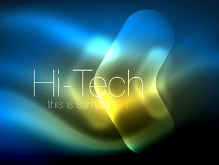 Blurred arrows in dark space. Neon pointers, glass glossy design, abstract shiny techno background, web banner