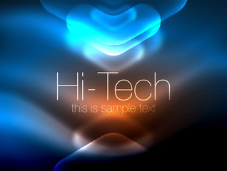 Blurred arrows in dark space. Neon pointers, glass glossy design, abstract shiny techno background, web banner