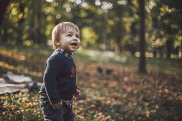 Cheerful baby boy looking away while standing at park during autumn