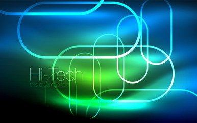 Glowing ellipses dark background, waves and swirl, neon light effect, shiny vector magic effects