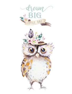 Cute bohemian baby owl animal for kindergarten, woodland nursery isolated decoration forest owls illustration for children forest animals pattern. Watercolor hand drawn boho set