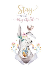 Cute bohemian baby cartoon rabbit animal for kindergarten, woodland nursery isolated bunny forest illustration for children. Bunnies animals pattern. Watercolor hand drawn boho set