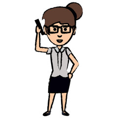 cartoon young businesswoman standing and talking on the cellphone icon over white background, colorful design. vector illustration