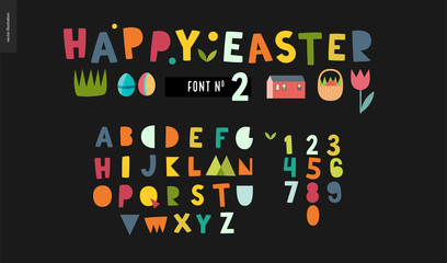 Fototapeta premium Kids flat alphabet set - Happy easter latin font - letters and digits