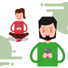 young people man and woman using technology gadget smartphone vector illustration