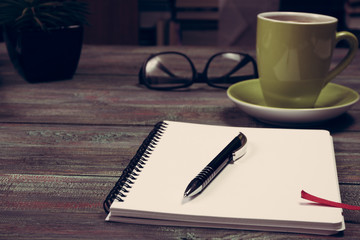 Office desk table with supplies. Top view. Copy space for text