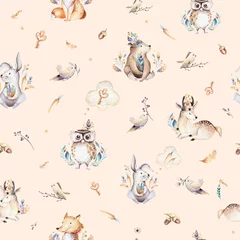 Wallpaper murals Baby animals nursery Baby animals nursery isolated seamless pattern with bannies. Watercolor boho cute baby fox, deer animal woodland rabbit and bear isolated illustration for children. Bunny forest image