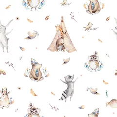 Wall murals Baby animals nursery Baby animals nursery isolated seamless pattern with bannies. Watercolor boho cute baby fox, deer animal woodland rabbit and bear isolated illustration for children. Bunny forest image