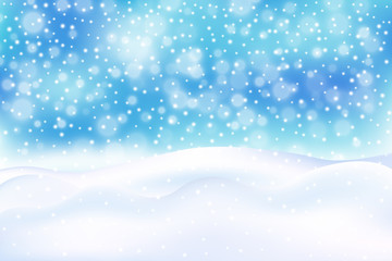 Winter illustration with falling snow, snowdrift, bokeh on blue background. New year, Christmas vector background.