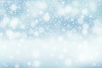 Winter illustration with falling snow, bokeh on blue defocused background. New year, Christmas vector background.