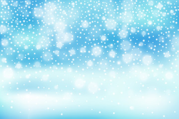 Fototapeta premium Winter illustration with falling snow, bokeh on blue defocused background. New year, Christmas vector background.