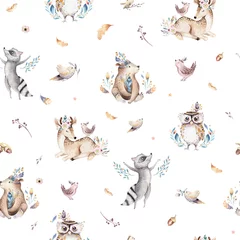 Behang Baby dieren kwekerij geïsoleerd naadloos patroon met bannies. Aquarel boho schattige baby vos, herten dier bos konijn en beer geïsoleerde illustratie voor kinderen. Afbeelding konijnenbos © kris_art