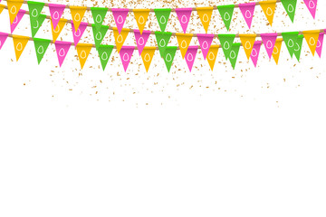 Vector realistic isolated party flags with golden confetti with easter egg ornament for decoration and covering on the white background. Concept of Happy Easter.