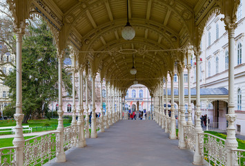 KARLOVY VARY, CZECH REPUBLIC - APRIL 28, 2017: World-famous for its mineral springs, the town Karlsbad.