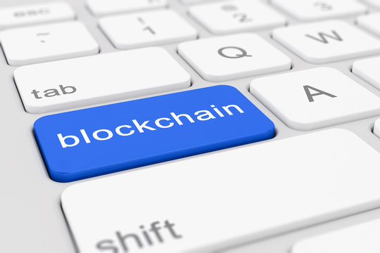 Computer-Tastatur mit einer blauen Taste und der Aufschrift blockchain.