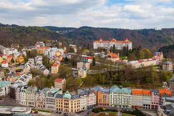 Fototapeta na wymiar KARLOVY VARY, CZECH REPUBLIC - APRIL, 29, 2017: Beautiful panoramic view of famous spa town