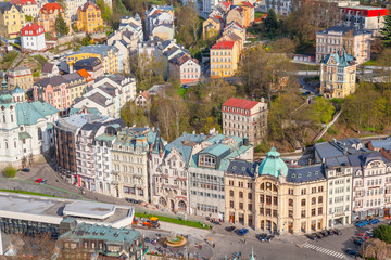 KARLOVY VARY, CZECH REPUBLIC - APRIL 29, 2017: Beautiful panoramic aerila view of spa town, former...