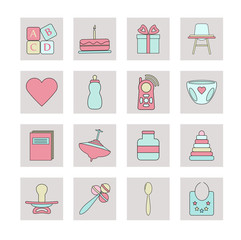 Big web icon set. Baby, toy, feed and care colorful ready to use isolated icons on white background.