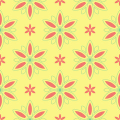 Fototapeta na wymiar Seamless background with floral pattern. Bright yellow, pink and blue background