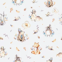 Wall murals Baby animals nursery Baby animals nursery isolated seamless pattern with bannies. Watercolor boho cute baby fox, deer animal woodland rabbit and bear isolated illustration for children. Bunny forest image
